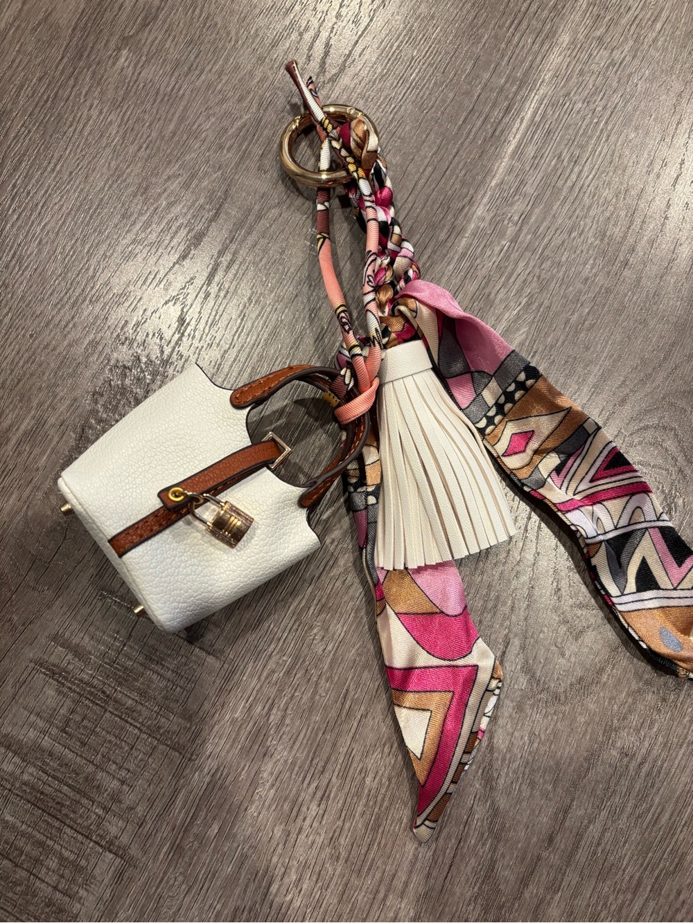 Mini Handbag Keychain Charm with Twilly Scarf & Tassel – White
